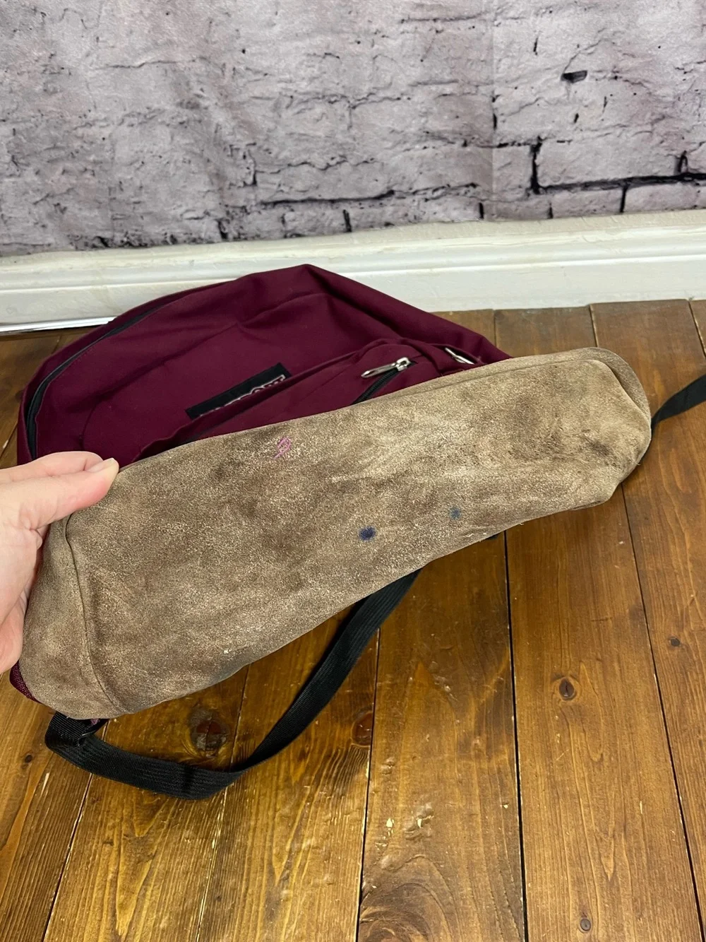 Jansport right pack back pack dark red with tan suede bottom
